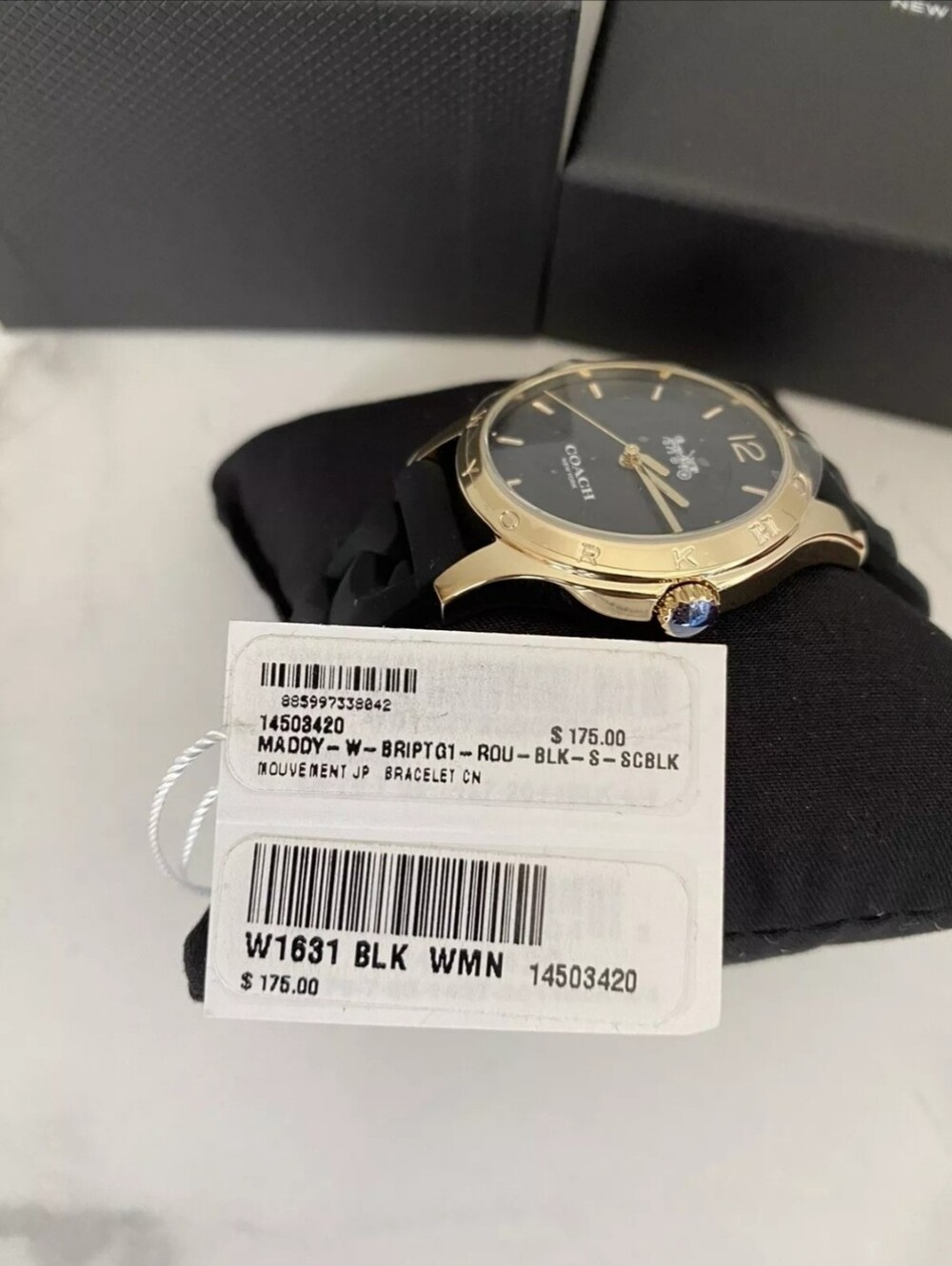 Coach Maddy Watch, 34mm Gold tone case and Signature Black strap. New &Authentic